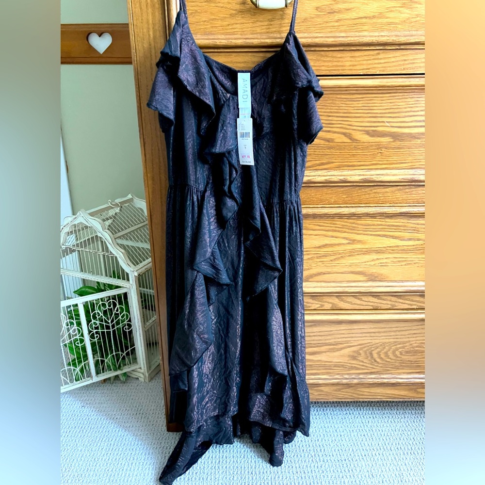Shimmer black and bronze dress with ruffles by Amadi. Purchased at anthropology.